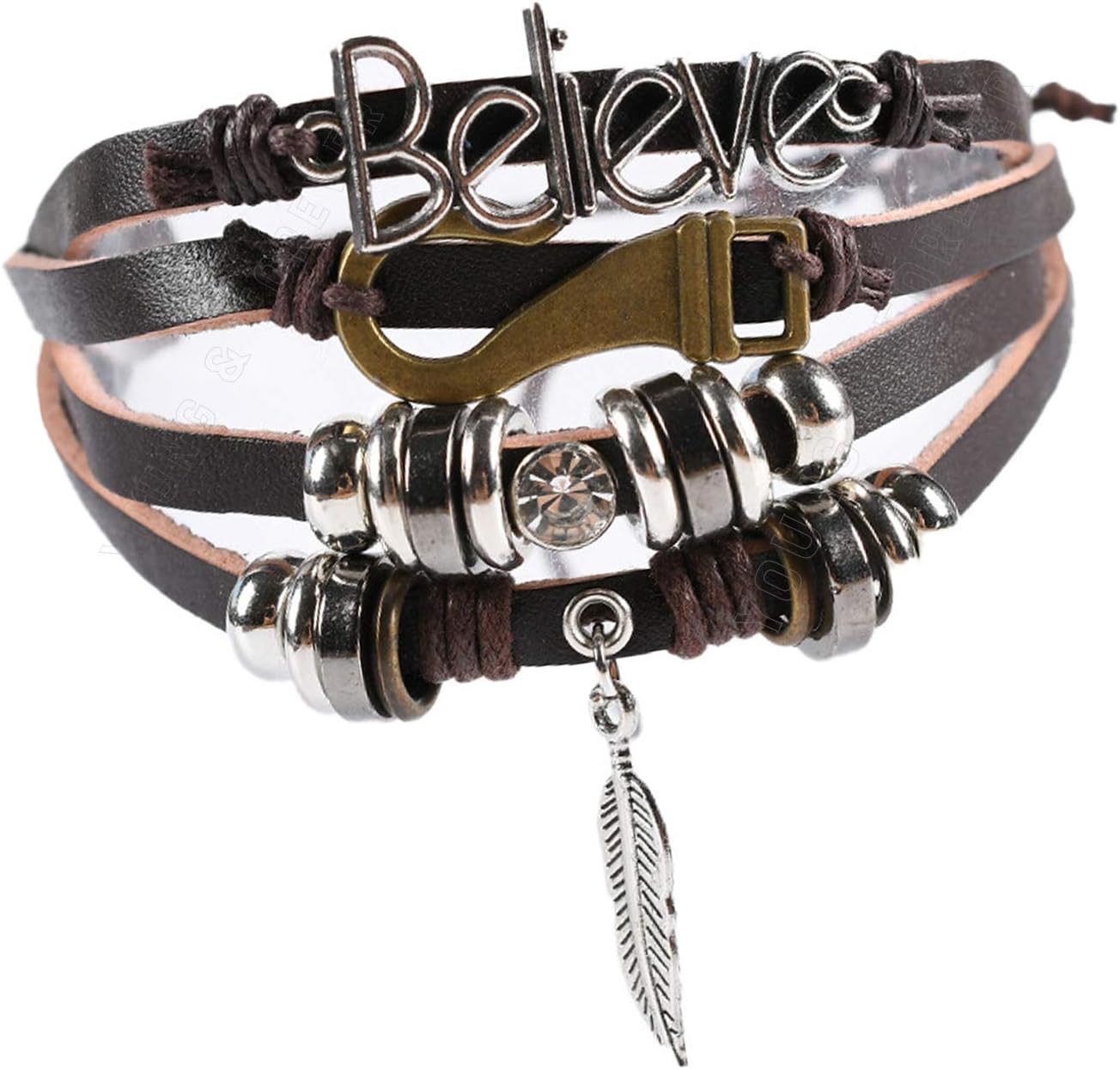 Young & Forever Boy's Mentastic Beads Believe Leaf Charm Multi-Strand Leather Bracelet for Mens Boys Women Girls