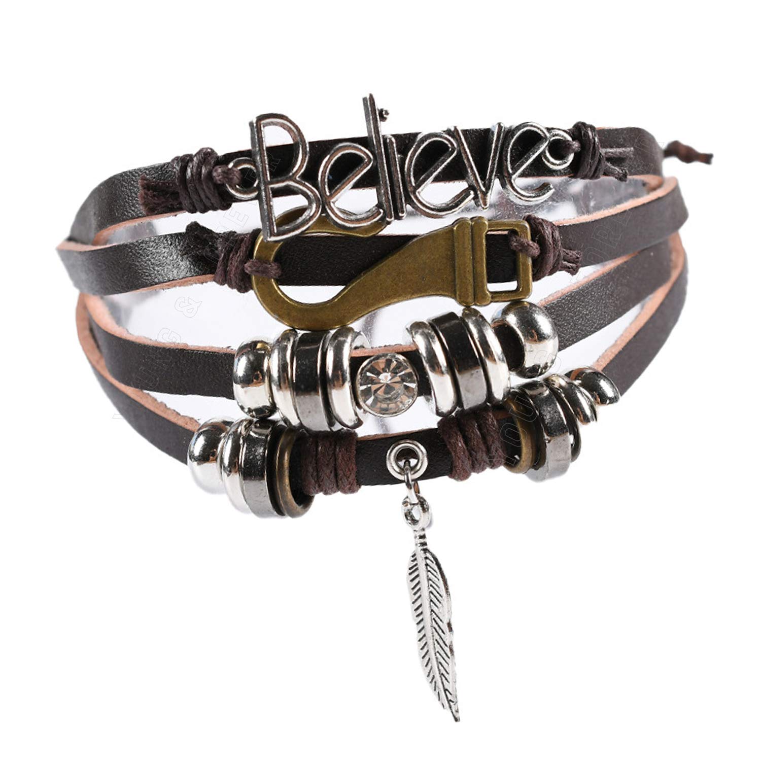 Boy's Mentastic Beads Believe Leaf Charm Multi-Strand Leather Bracelet for Mens Boys Women Girls