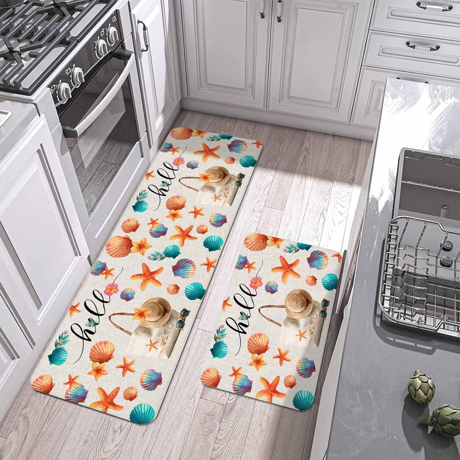 Prime Leader Beach Bag Summer Kitchen Mat Set 2 Pieces Seashell Starfish Sunglasses Linen Non Slip Kitchen Rugs Washable Runner Rug Mats for Sink Laundry (19.7" x 31.5"+19.7" x 63")