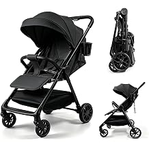 Ultra-Lightweight Stroller at Only 5.4kg, Foldable Compact Pushchair with Lie-Flat Position, Travel Pram from Birth to 15kg, Baby Buggy with Adjustable Backrest, Footrest, Canopy A8 Black