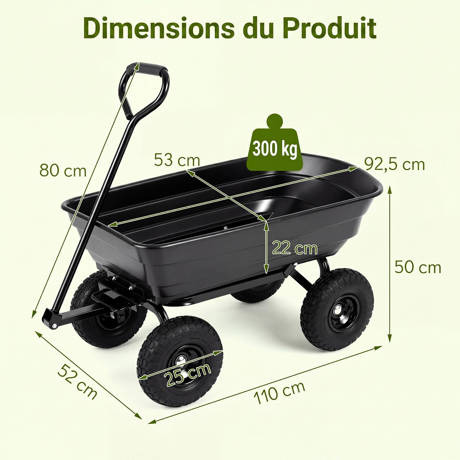 COSTWAY Chariot de Jardin avec Benne Basculante 75 L, Brouette de Transport avec Poignée Réglable 4 Grandes Roues Tout-Terrain Cadre Métallique, Charge 300 kg, pour Terrasse Camping Shopping