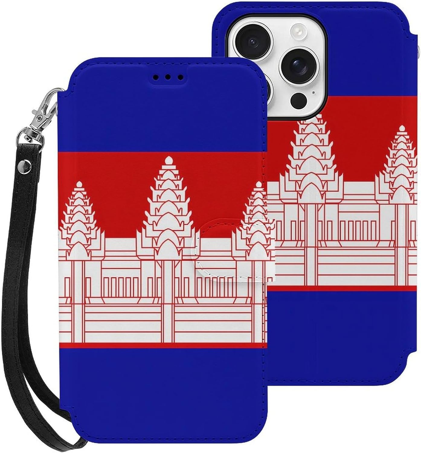 Cambodia Cambodian Flag Compatible with iPhone 16/16 Plus/16 Pro/16 Pro Max/16 E Case Phone Wallet Card Holder Flip Cover with Wrist Strap