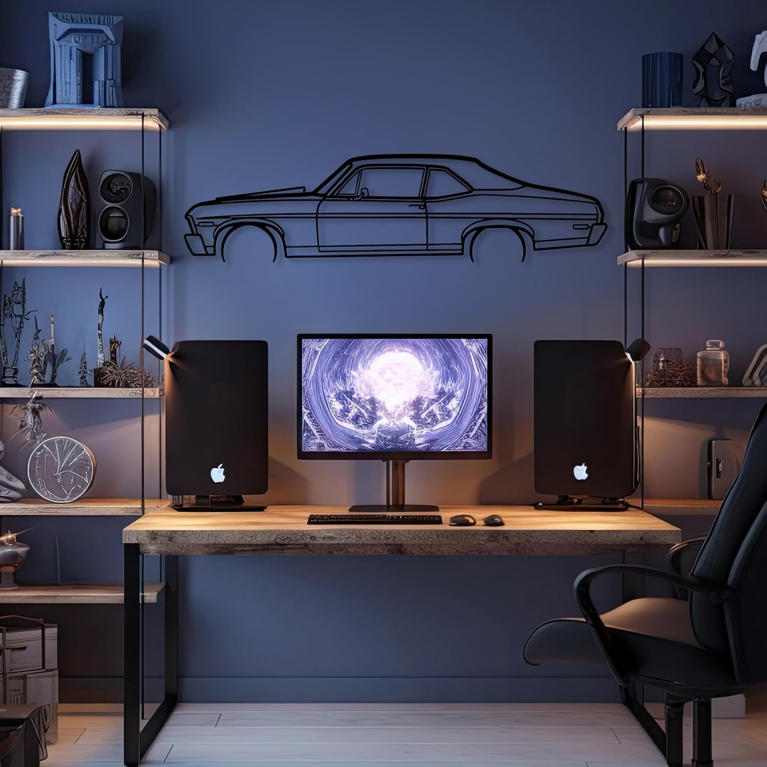 Nova 1972 Model Silhouette Metal Car Wall Art, Sports Car, Automotive Silhouette Line Decoration, Minimalist Sculpture for Garage, Man Cave, Indoor Outdoor Wall Decor, Gift for Boyfriend and Car Lover (Black - 45 x 11.4” / 114 x 29 cm)