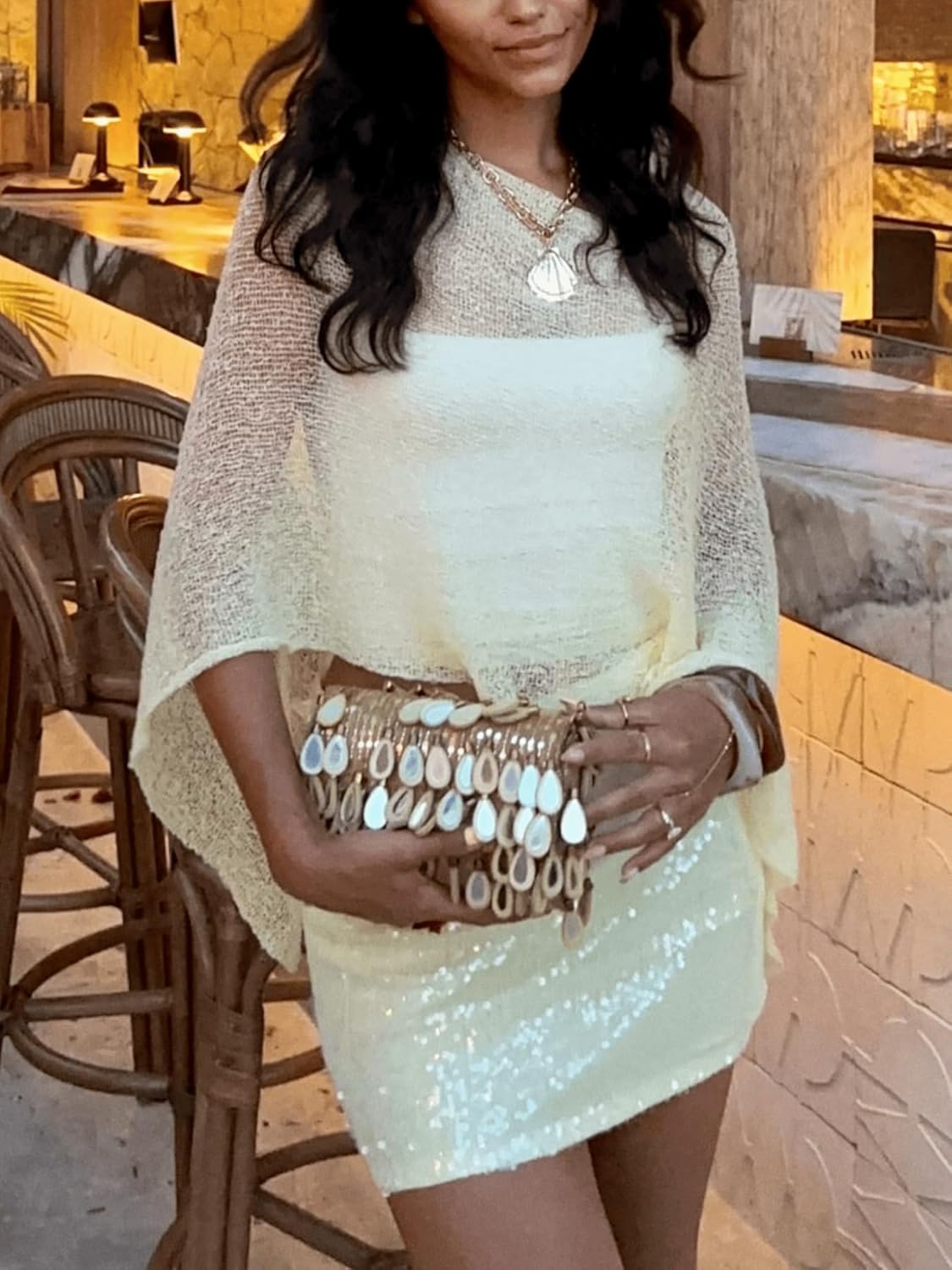 Seyumixi Knit Sheer Poncho Top for Women Y2k Asymmetric Shrug Beach Cover Up See Through Lightweight Off Shoulder Shawl - Image 3