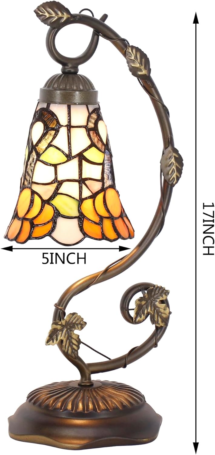 Tiffany Lamp Stained Glass Desk Reading Bedside Light, Metal Leaf Table Lamp Base 5X6X17 Inches Decor Small Space Bedside Bedroom Home Office (Yellow Sunflower Style)