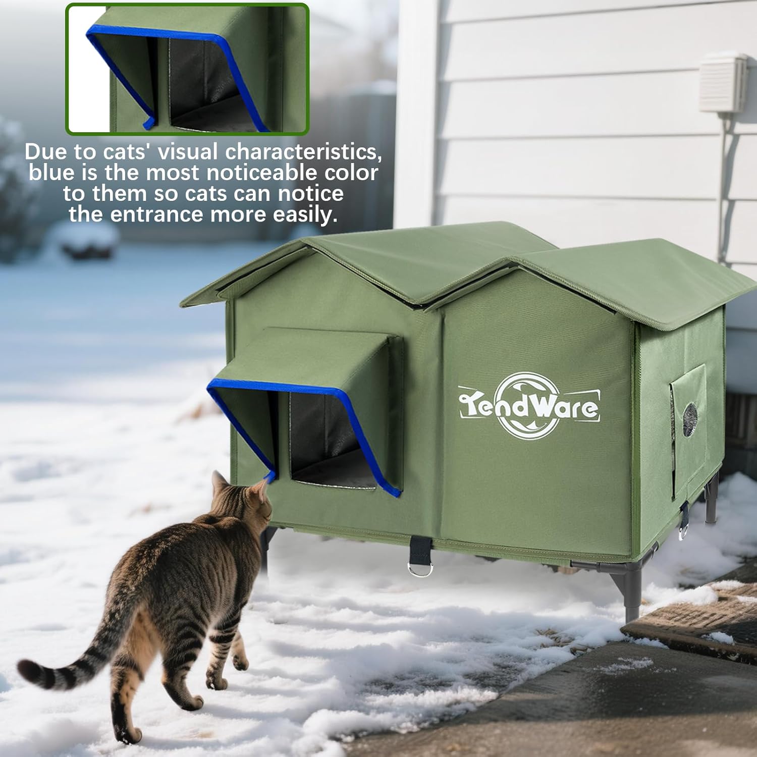 Heated Outdoor Cat House, Size M, Green, Weatherproof, Windproof, Elevated Base, Cat-Attracting Eave Design, Feral Stray Shelter, Garage Yard Porch Size M