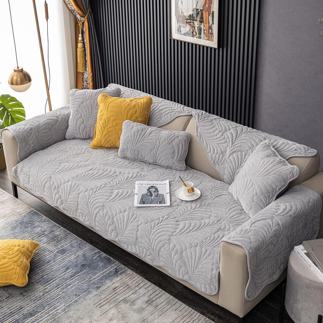 vctops Chenille Leaf Quilted Sofa Couch Cover Scalloped Edge Sectional Couch Cover Super Soft Non Slip Sofa Slipcover Furniture Protector for Pets Kids Children Dog Cat (Light Grey,36"x70")