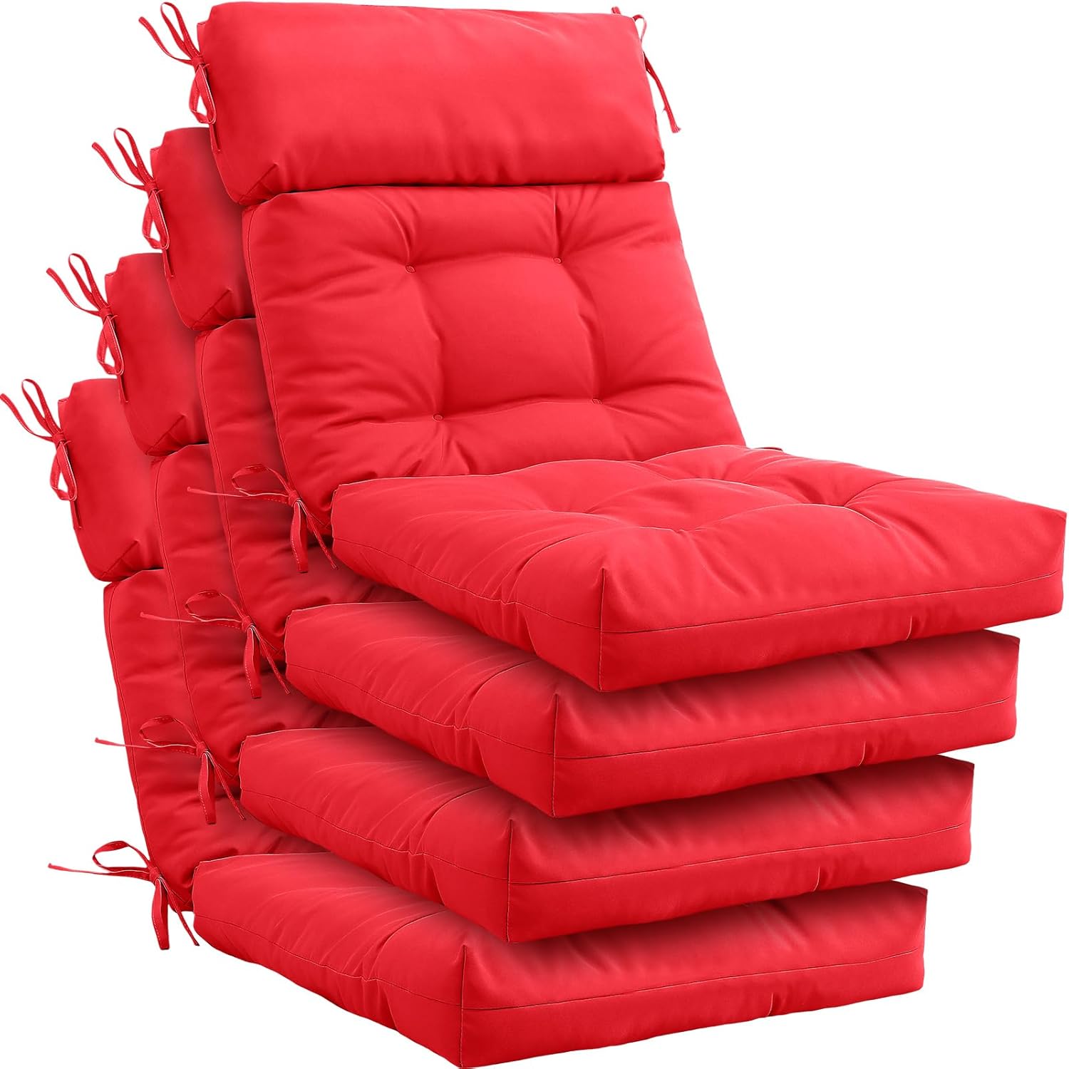 Barydat 4 Pack High Back Chair Cushion Indoor Outdoor Tufted Seat and Back Chair Rocking Pads Lounge Porch Seat Cushion with Ties for Patio Furniture, 43.4 x 21 x 3.3 Inch (Red) Red 4