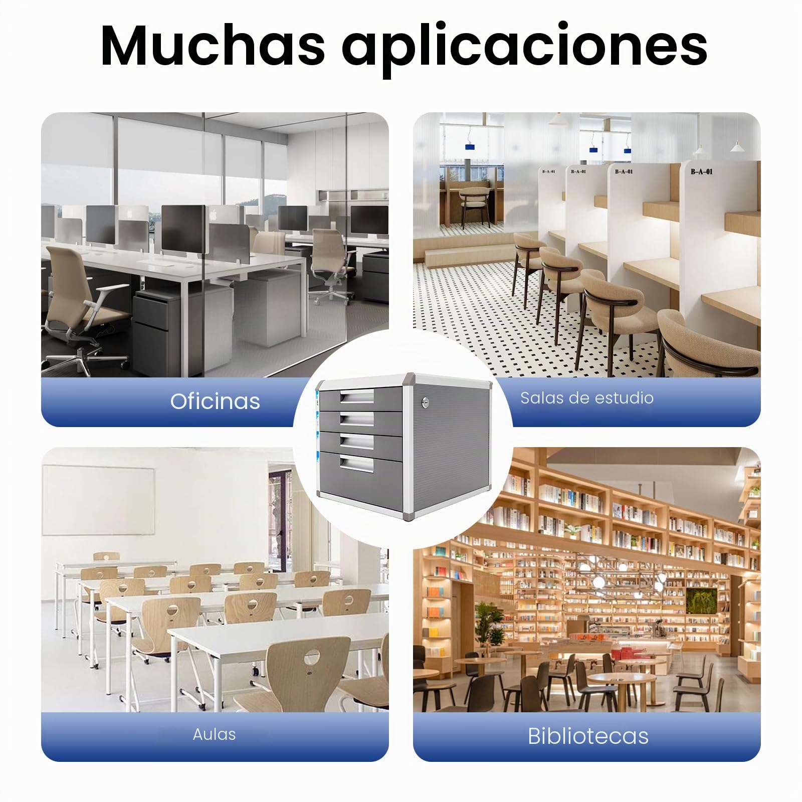 Organizador De Archivos Escritorio con Cerradura Cajones Gabinete De Almacenamiento Documentos A4, Archivador Sobremesa de 4 Niveles (3 Cajones Pequeños + 1 Grandes) para Oficina y Hogar