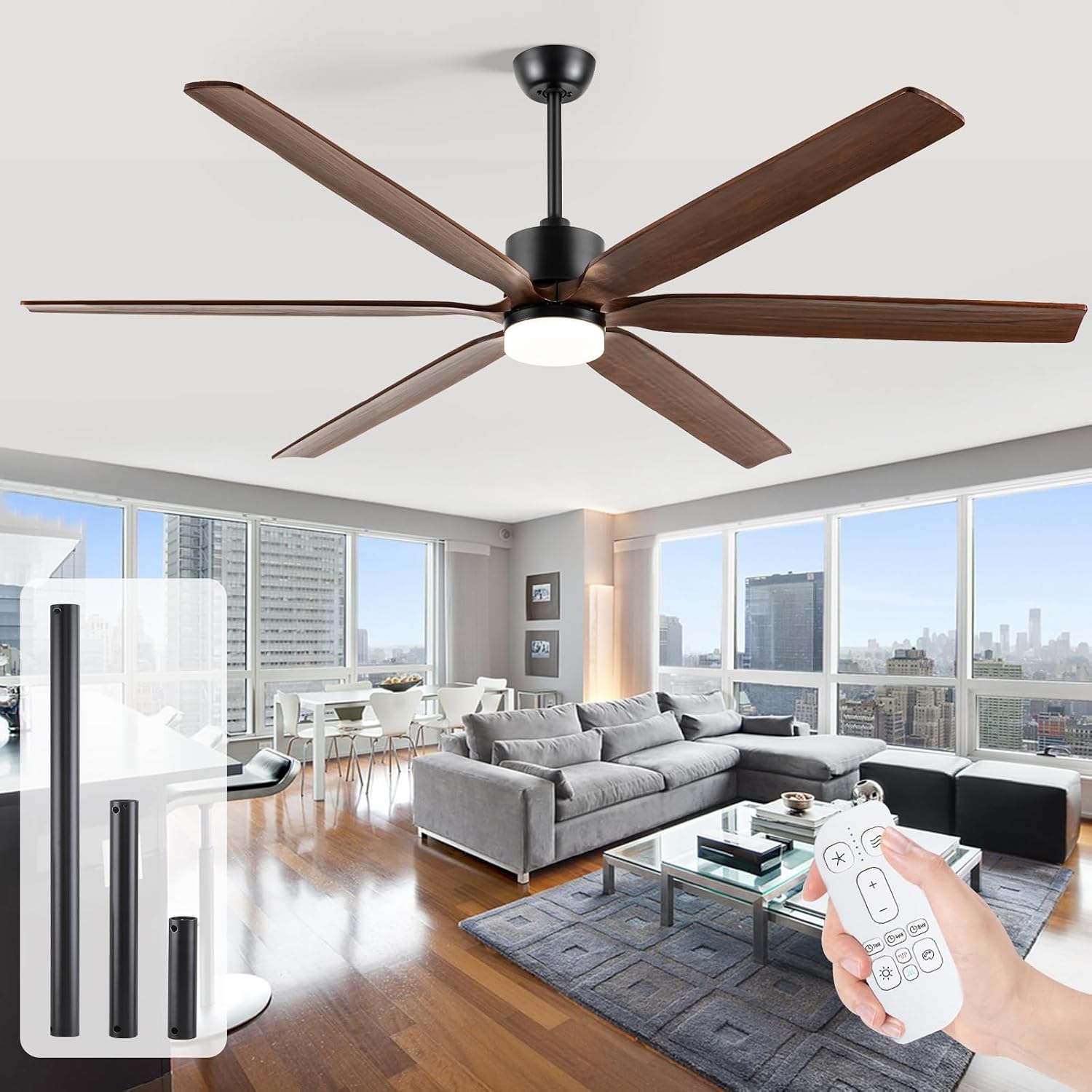 72 Iinch Large Ceiling Fans with Lights and Remote Control, Outdoor Ceiling Fan for Patios, High CFM Quiet 6 Blade Walnut Ceiling Fan, Modern Wood Propeller Ceiling Fan for Outdoor/Indoor