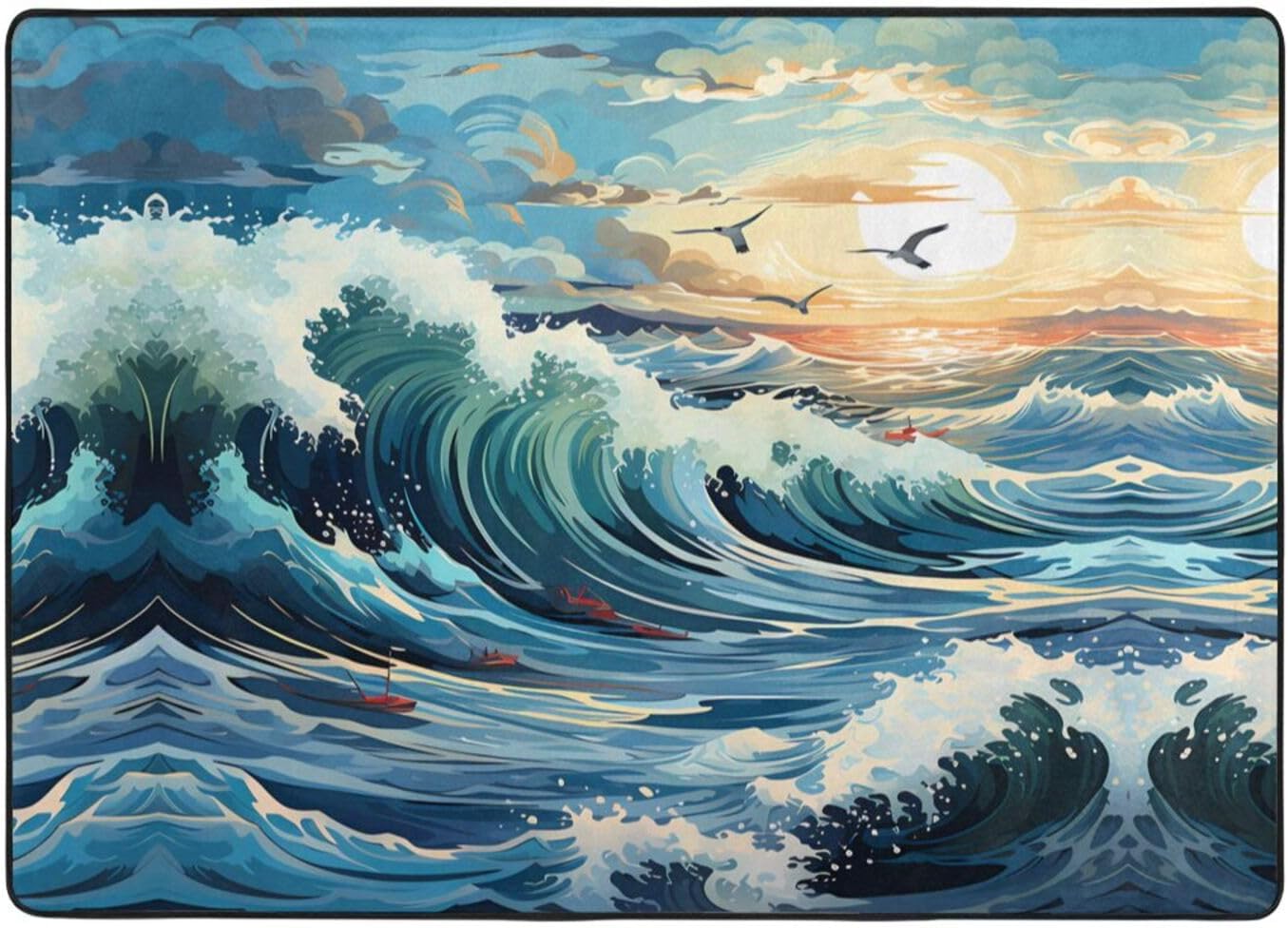 Wave Sailboat Seagull Printed Flannel Floor mat 80x58 inches for Bedroom, Living Room, Study Room Decorative Carpet