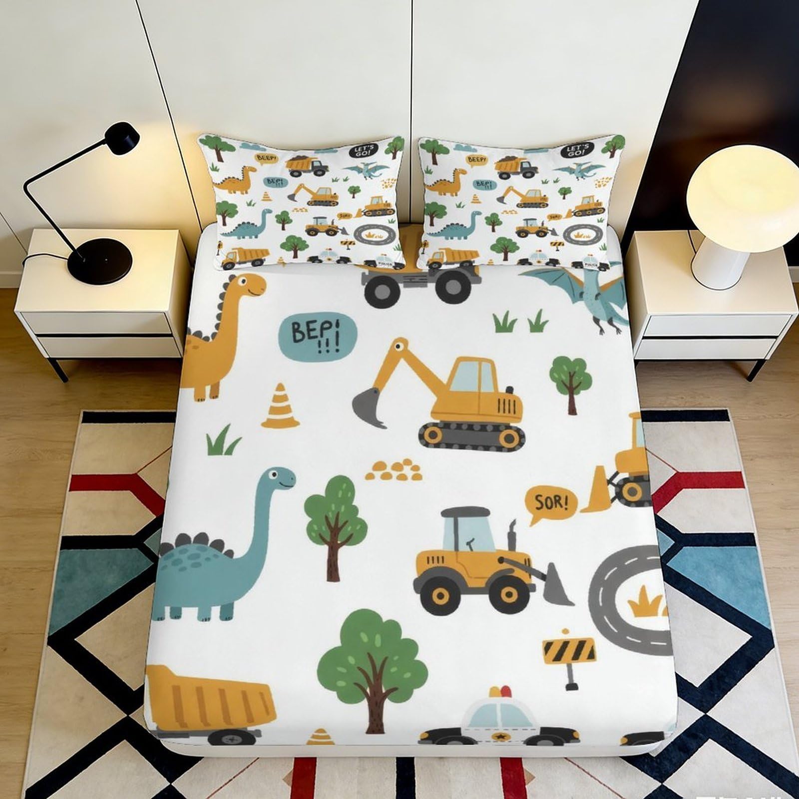 3D Printed Dinosaur Excavator Fitted Sheet Microfiber Deep Pocket Bedroom Bedding Non-Slip Dinosaur Excavator Mattress Fitted Cover Elastic Hem Washable for Kids Teens120 160x200x25cm