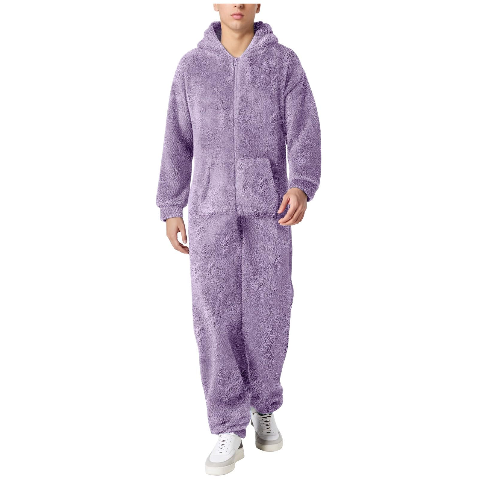 Men's Jumpsuit Warm Pyjamas Fluffy Leisure Suit Men's Sleep Overalls Fleece Cuddly Pyjamas Thermal One-Piece Onesie Loungewear with Pockets and Hood