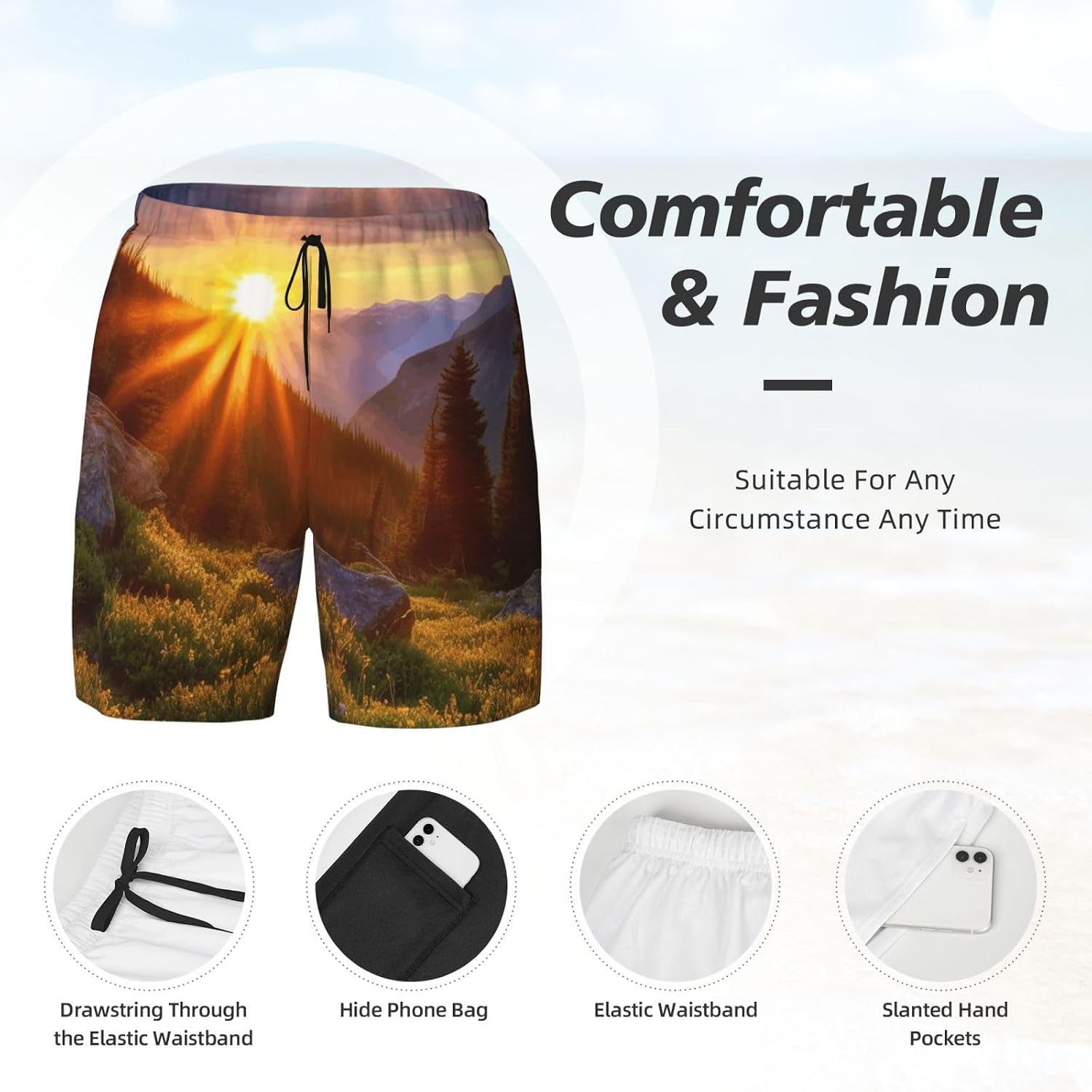 Men's Swim Trunks 2 in 1 Quick Dry Bathing Suits Rocky Mountain Sunset Sunshine Beach Board Shorts Swimwear