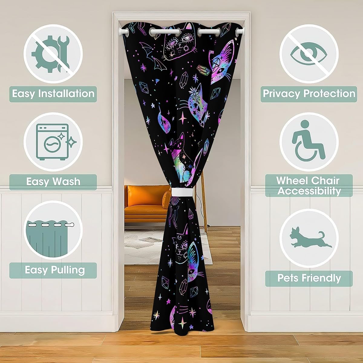 Castle Fairy Ombre Cat Skull Door Curtain for Kids Black Galaxy Starry Doorway Curtain 34" Wx 80" L Gothic Constellation Closet Curtain Bats Animal Doorway Curtain Tapestry for Hallway