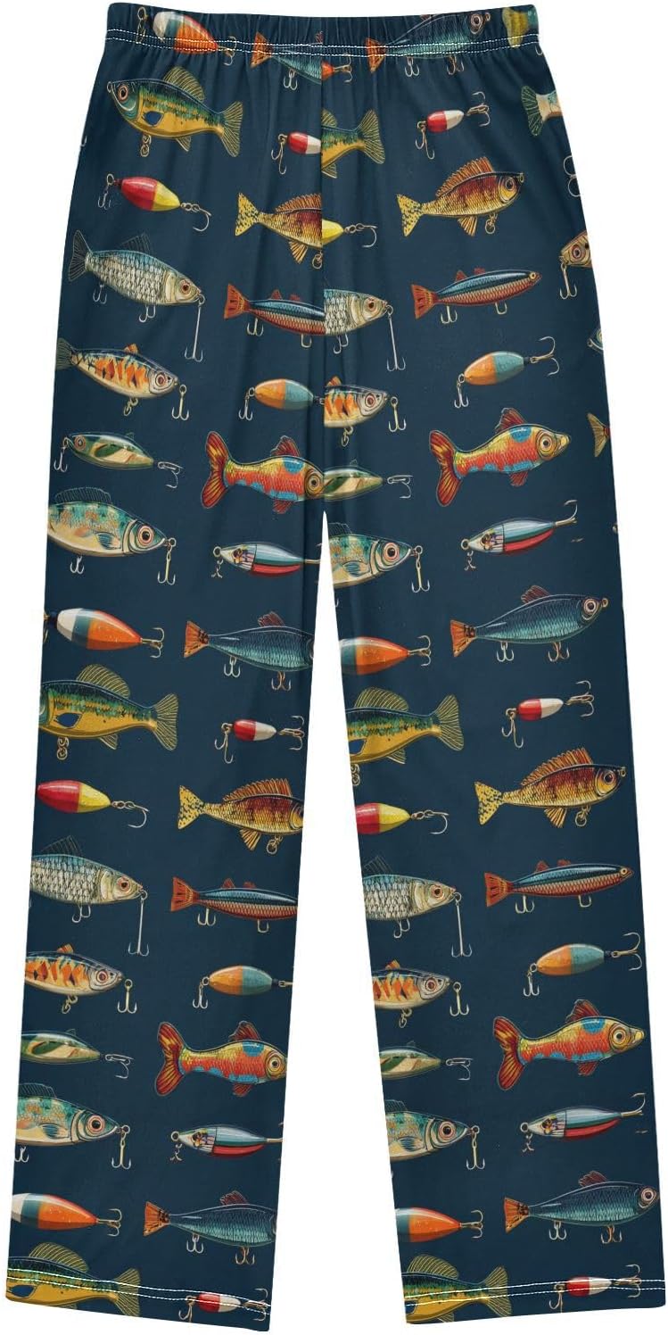 Pattern Of Fishing Themed Lounge Pajama Pants Soft PJ Bottoms for Sleepwear Ages 6-14 Years