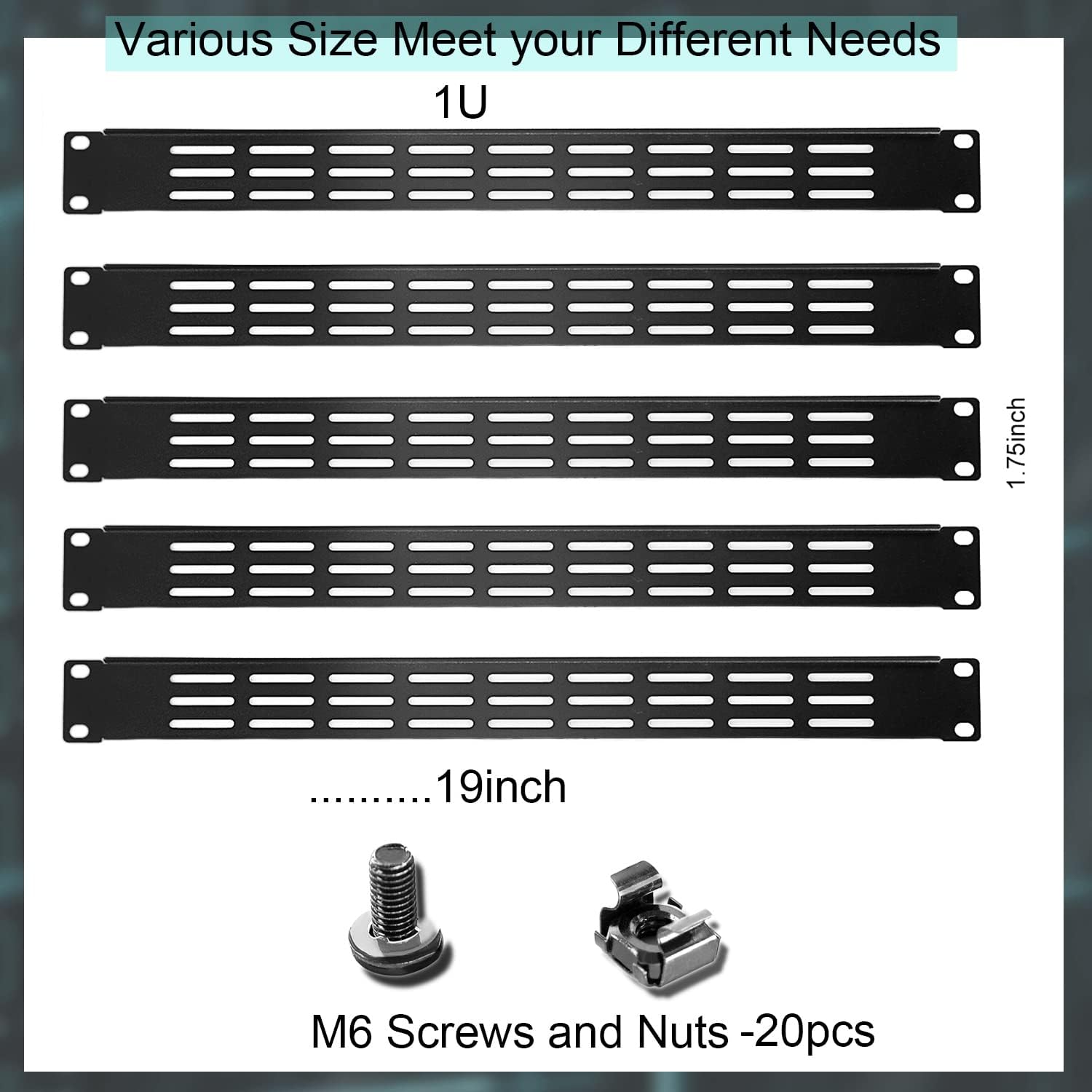 1U 2U 3U Blank Rack Mount Panel, Spacer Black Rack Mount Cover Support bar for Enclosure Network Cabinet Cable Management Bar Slot (Vented 1U 5PCS)