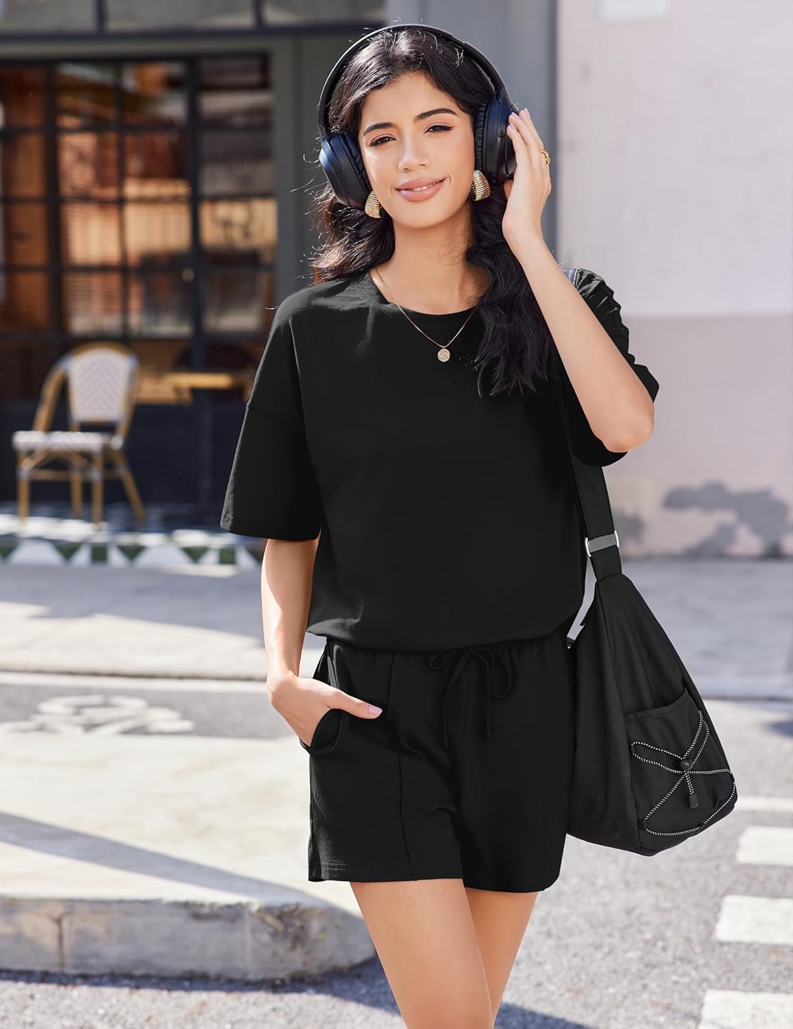 Ekouaer Womens 100% Cotton 2 Pieces Short Sets Summer Short Sleeve Outfits Casual Matching Lounge Set with Pockets - Image 3