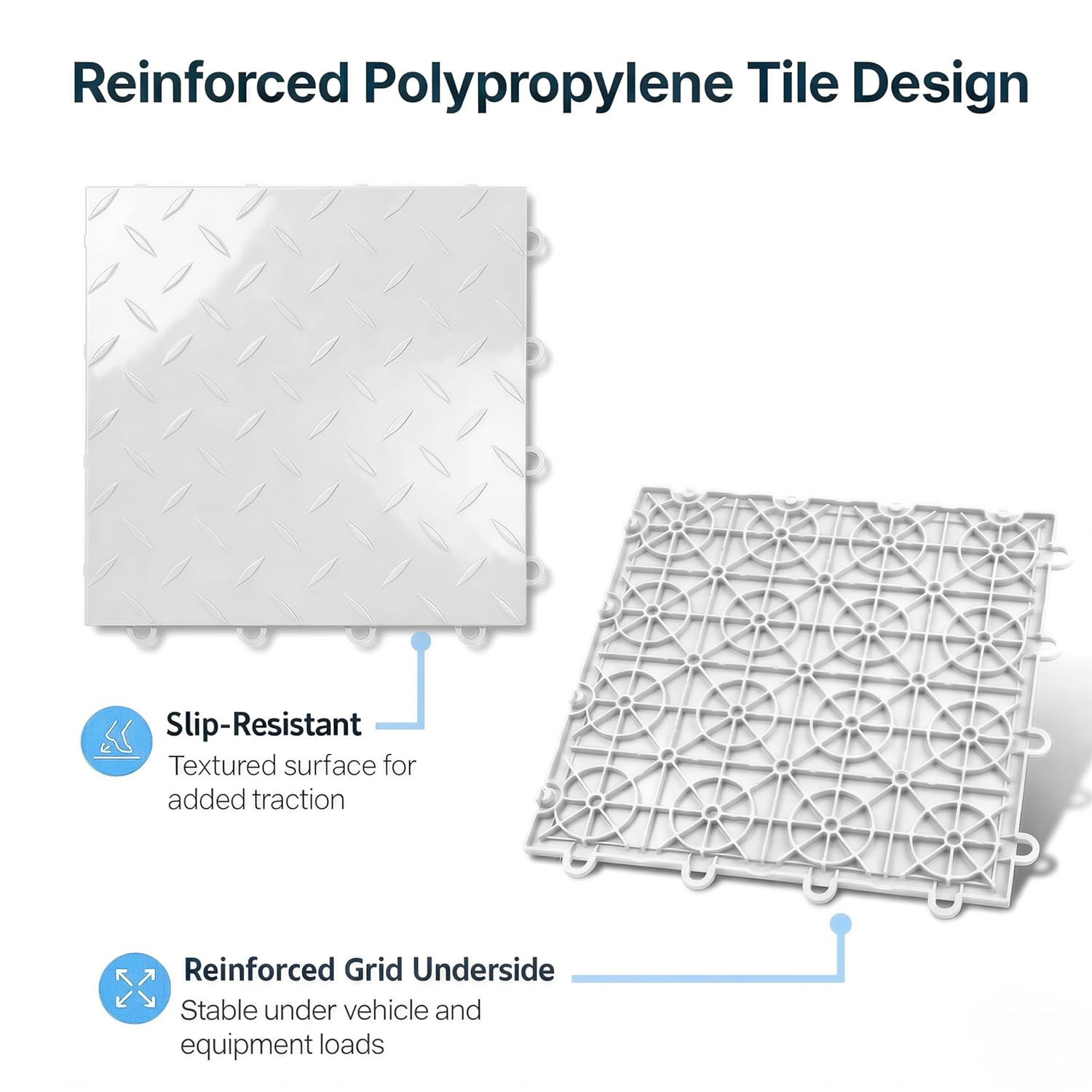 Nitro Tiles by FlooringInc 12" x 12" Interlocking Garage Floor Tiles, Diamond Pattern Heavy Duty Polypropylene Flooring, Modular Snap-Together Non-Slip Floor Tile, Arctic White, 24-Pack (24 Sq Ft)