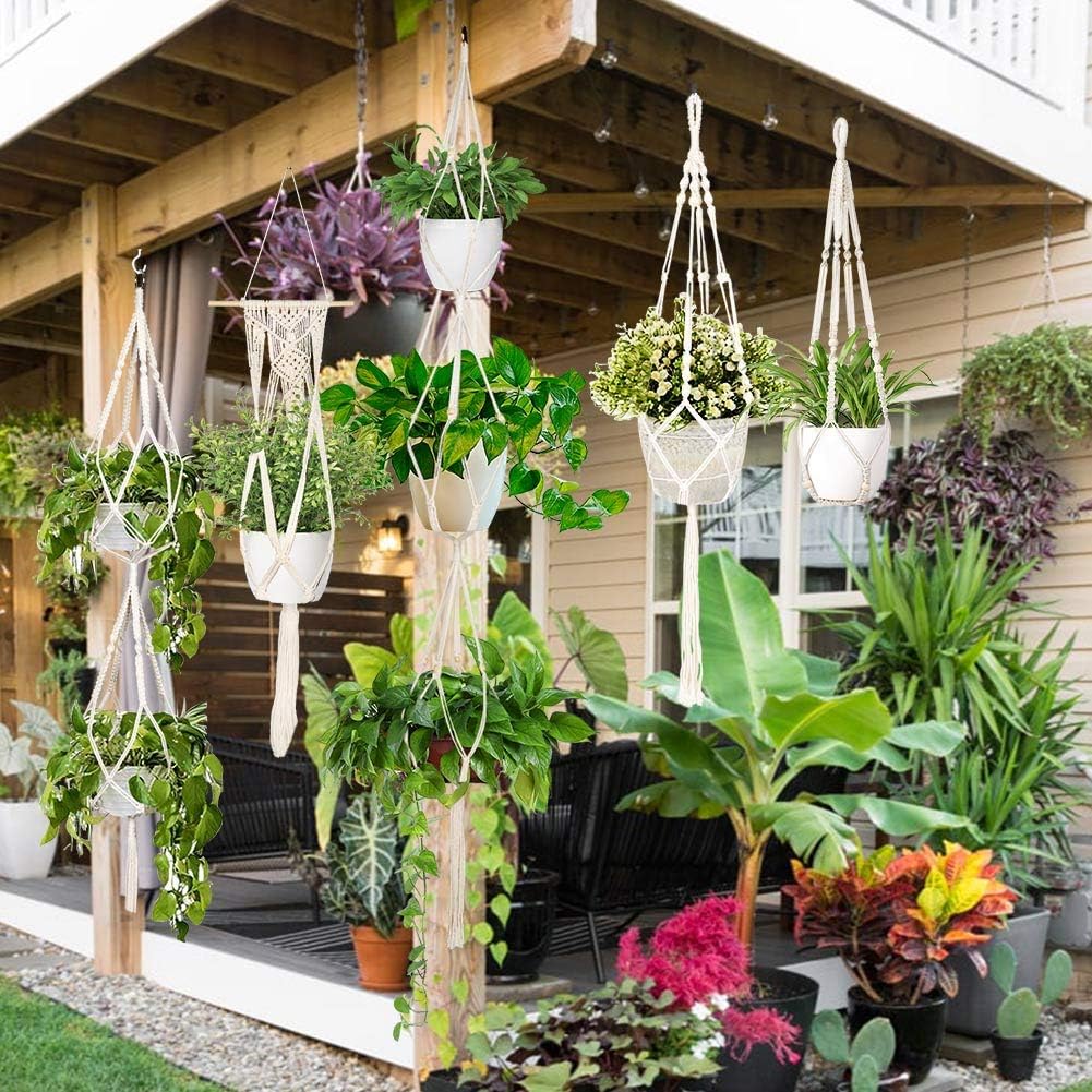 AerWo 5 Pack Macrame Plant Hangers Outdoor Indoor Hanging Planters + 5 Hooks, Hanging Plant Holder Basket Stand Decorative Flower Pot Holder for Boho Home Decor ( Different Tiers, 5 Sizes ) : Patio, Lawn & Garden