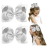 DEEKA 2 PCS 6 Big Hand-made Shiny Glitter Ribbon Hair Bows Alligator Clips Hair Accessories for Little Teen Toddler Girls Kids Set of 2 -Silver
