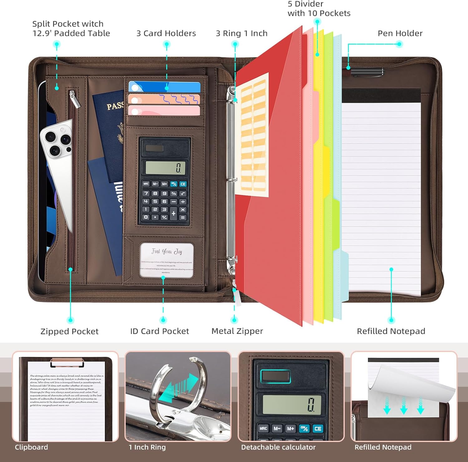 Ospelelf Zippered Portfolio Binder, Leather Clipboard Folder with Storage, 3 Ring Binder 1 Inch, 12.1” Tablet Sleeve, 5 Dividers with Pocket, Refillable Notepad, Card Slot (Brown) - Image 3