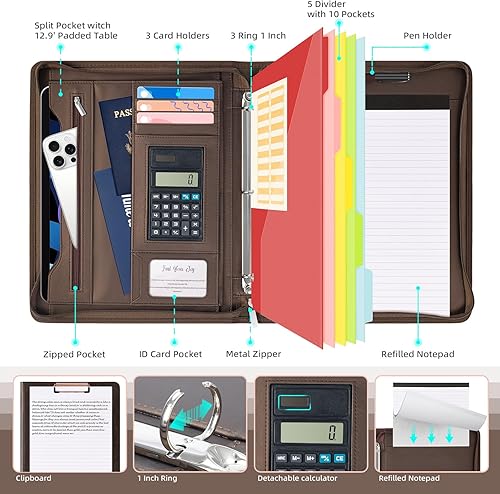 Vista 41 de Ospelelf Carpeta de 3 anillos con cremallera, de cuero, con almacenamiento en portapapeles, calculadora, funda para tablet de 12.1 pulgadas, 5 Rojo