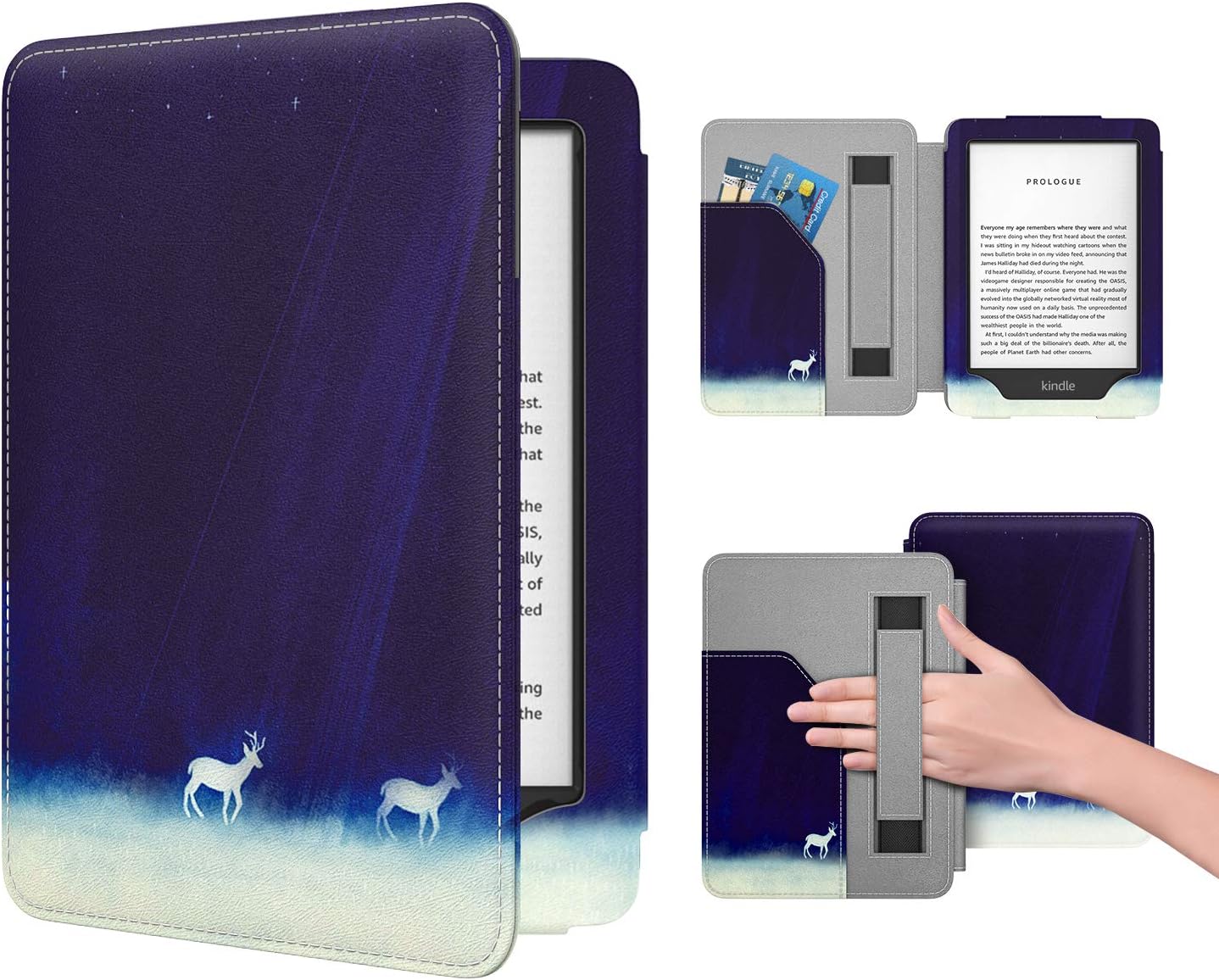 Dadanism Case Fit New 6.8" Kindle Paperwhite and Kindle Paperwhite Signature Edition 11th Gen 2021, Light Cover Case with Hand Strap Auto Wake/Sleep for Kindle Paperwhite 2021 E-Reader, Night Sky Elk