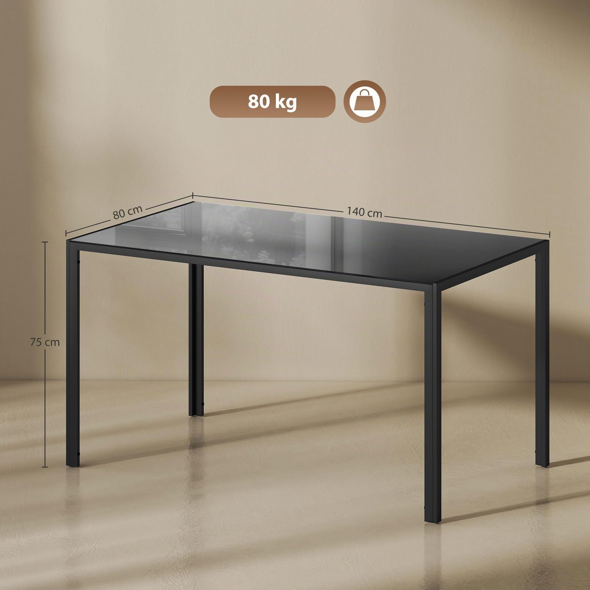 HOMCOM Tavolo da pranzo in vetro, tavolo rettangolare per 6 persone con gambe in metallo, per cucina, soggiorno, 140 x 80 x 75 cm, nero