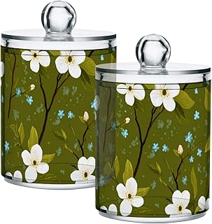 susiyo 2 Pack Qtip Holder，Dogwood Bloom Green Canister Apothecary Jar Set,Bathroom Jars with Lids Set for Cotton Swabs,Balls,Pads,Floss Picks,Plastic Canisters Restroom Bedroom Vanity Organizer