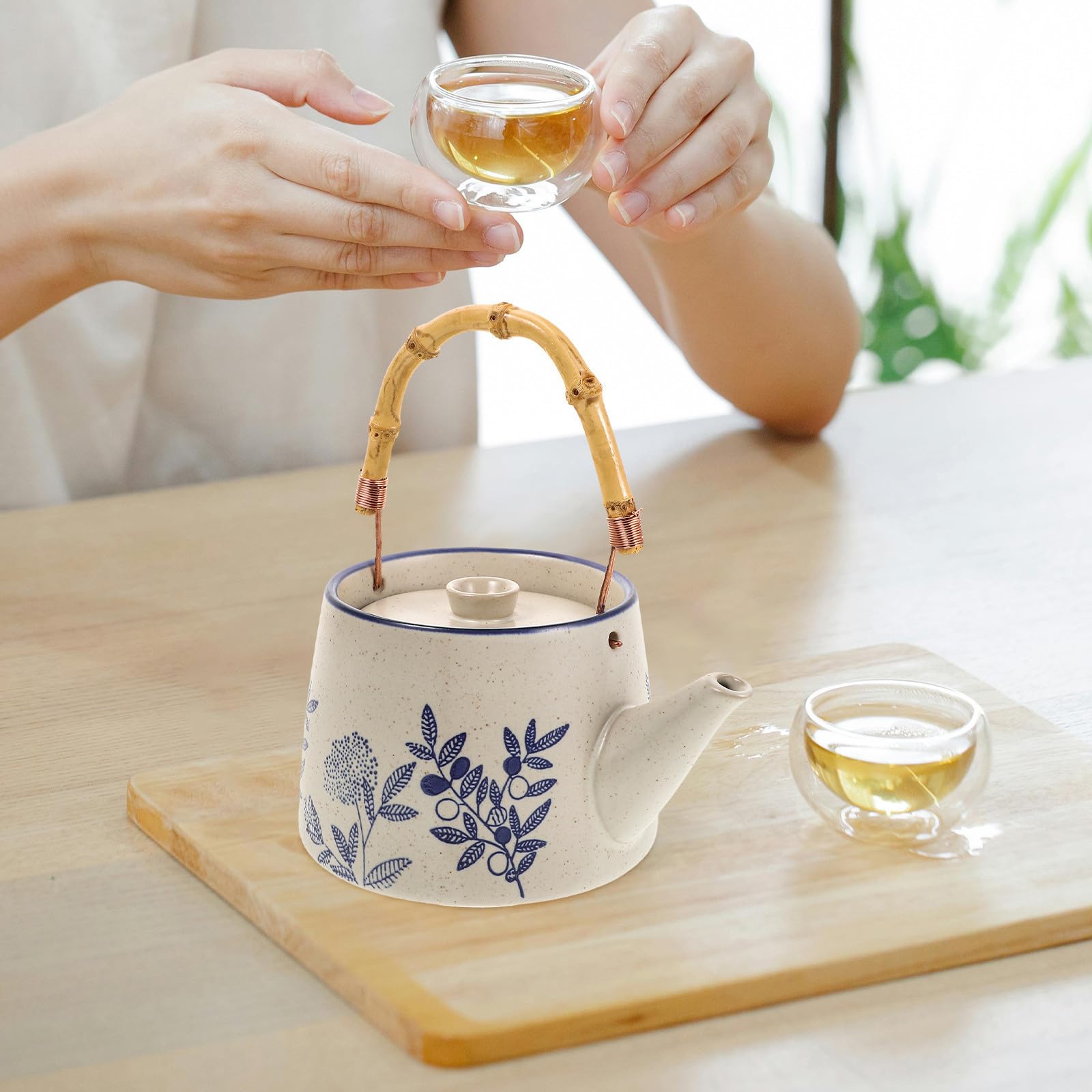 Tetera de Cerámica Vintage con Flores, Asa Portátil para Cocina
