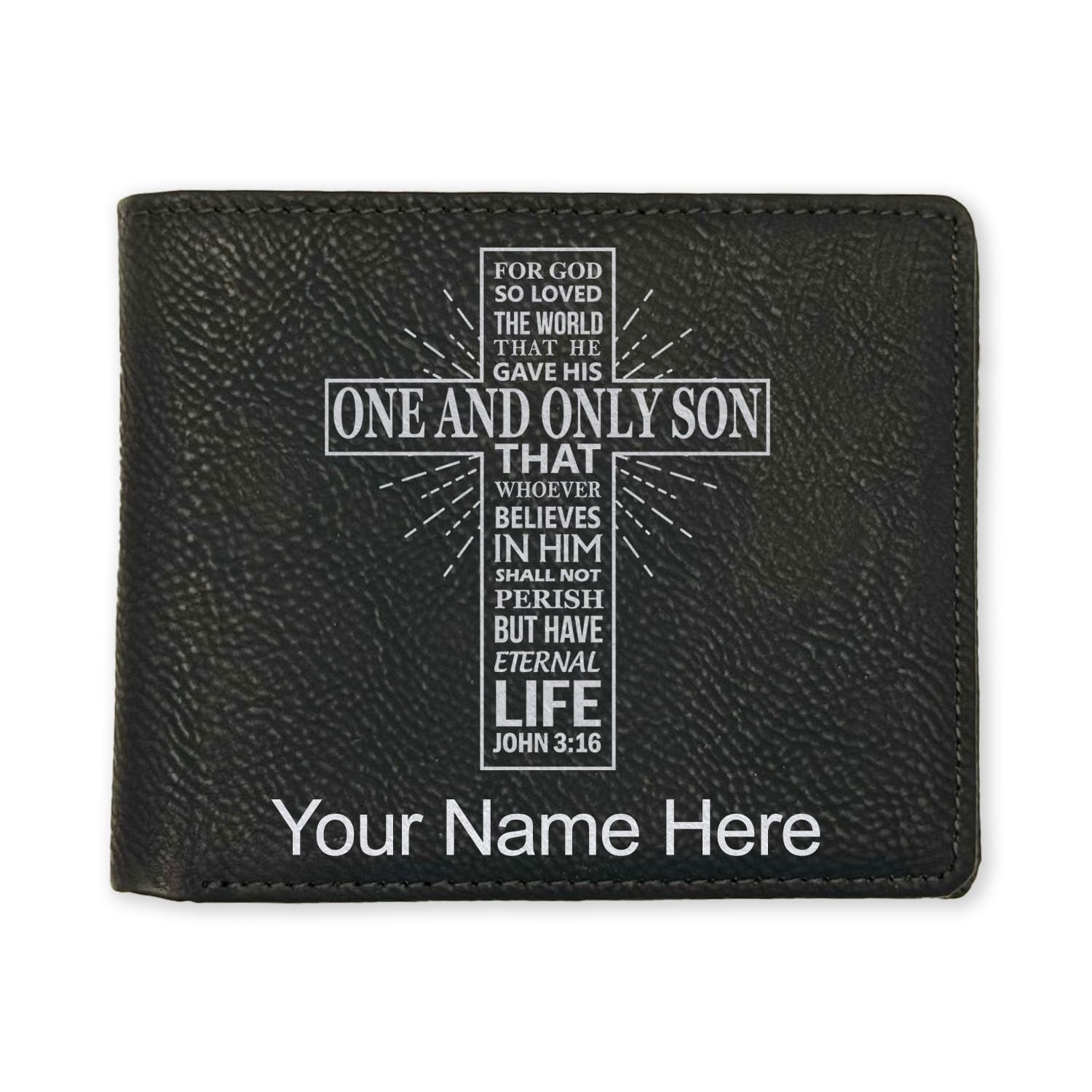LaserGram Faux Leather Bi-Fold Wallet, Bible Verse John 3-16, Personalized Engraving Included (Black with Silver)