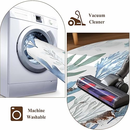 Miniatura 8 de 5ft Round Rug, Blue Green Botanical Non-Skid Rubber Backing Large Area Rugs - Living Room Bedroom Home Office, Retro Summer Watercolor Leaf Plant