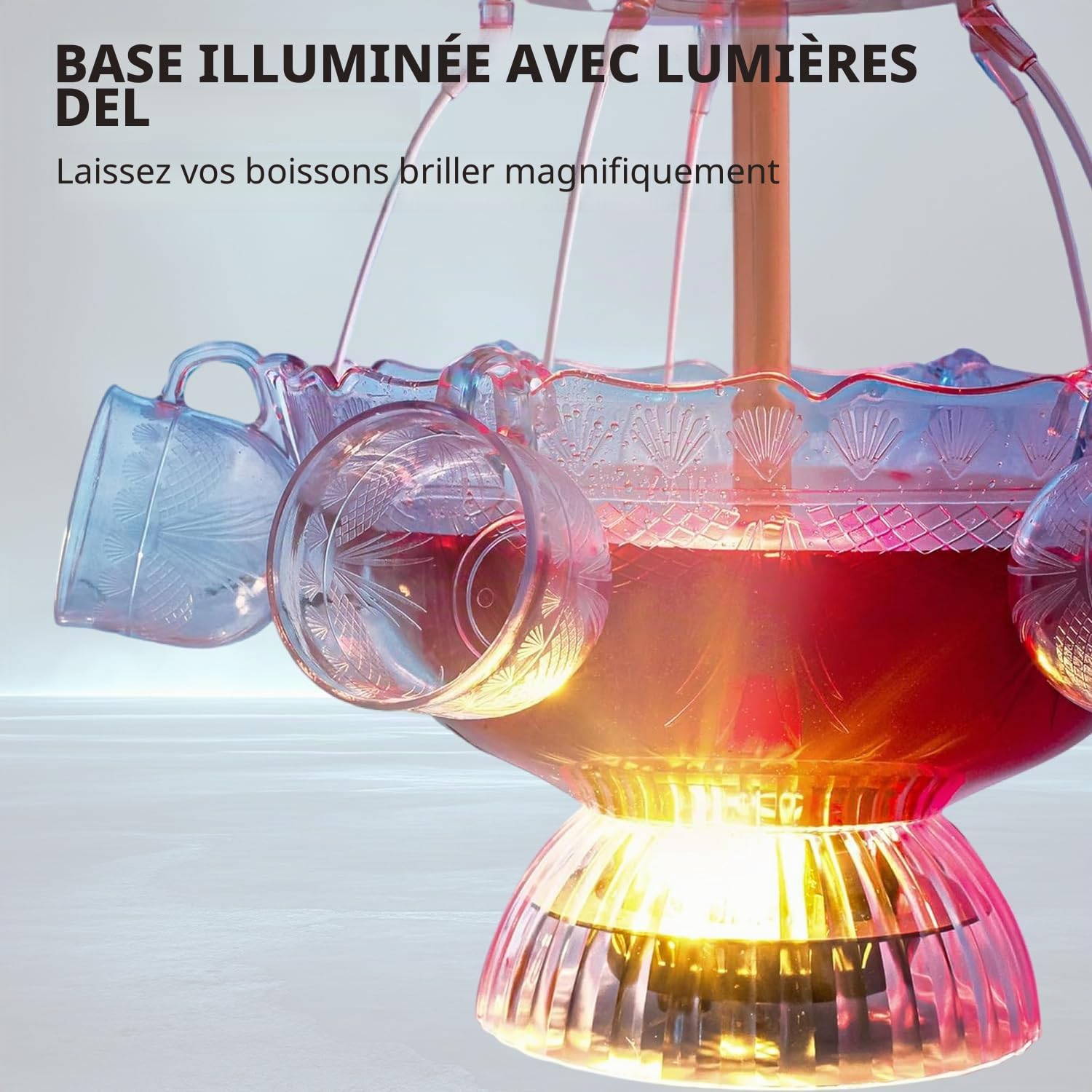 Fontaine de Fête Transparente à 3 Niveaux avec Brosse, Fontaine Cocktail avec 5 Gobelets Réutilisables, Socle éclairé par LED pour Jus et Vin pour Pubs, Fêtes à la Maison et Fêtes d'anniversaire