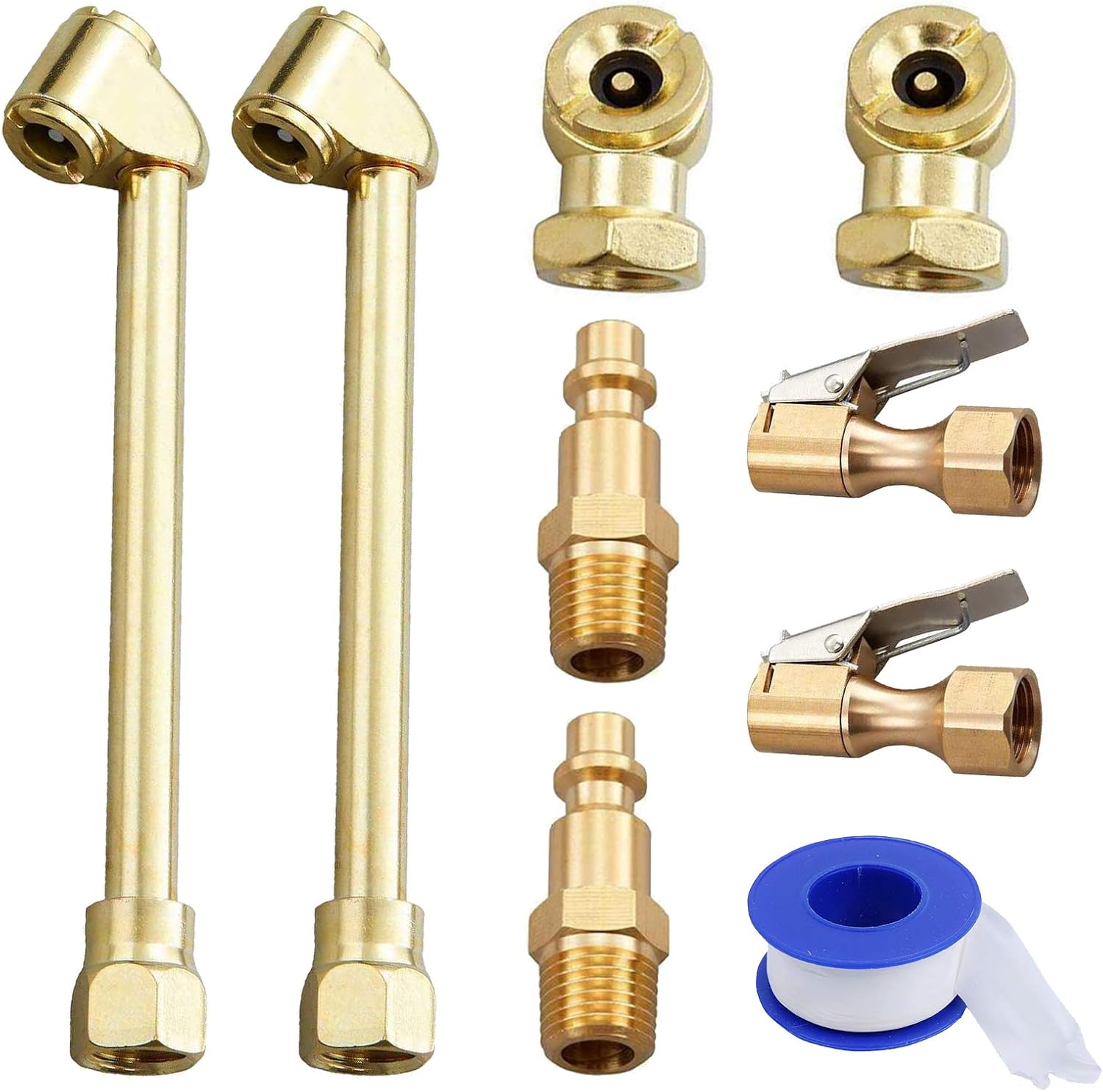 9PCS 2-Way Connection Air Chuck Set, 1/4 Inch Female NPT Closed Ball Tire Chuck with 2 Standard Male Quick Plug, Closed Flow Lock On Tire with Clip and 1Pcs PTFE Thread Seal Tape