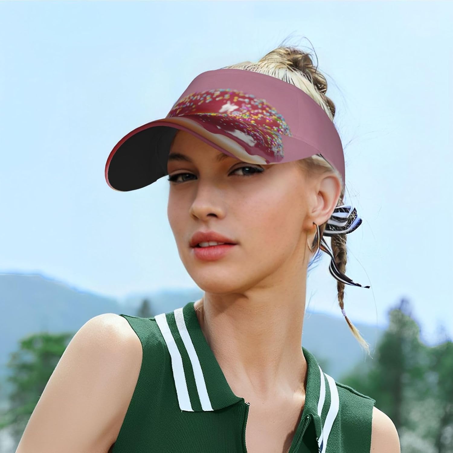 (Donut) Adult Sun Visor Hat Adjustable Open Top Sports Cap Breathable for Men Women Beach Vacation Essentials Black