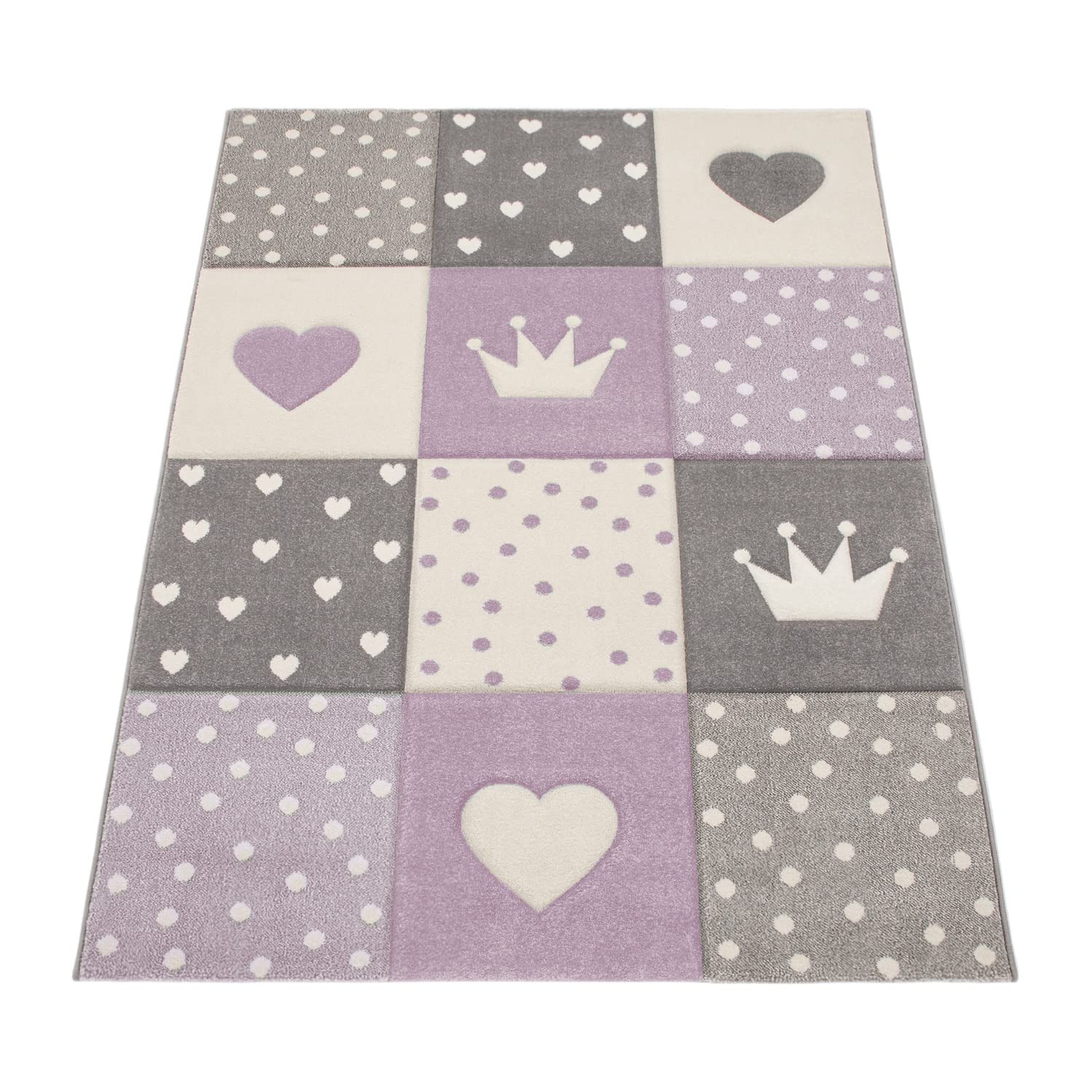 Paco Home Tapis pour Chambre d'enfant - Moderne - Contours découpés - À Carreaux - Points - Cœurs - Couronne - Violet Pastel - Gris crème - Dimensions : 240 x 340 cm