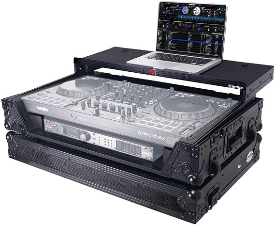 ProX XS-DDJFLX10WLTBL ATA Flight Style Road Case For Pioneer DDJ-FLX10 DJ Controller with Laptop Shelf 1U Rack Space Wheels and LED Black Finish