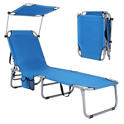 GYMAX Beach Chair with Canopy Shade, Folding Tanning Lounge with Adjustable Backrest, Carry Handle & Side Pocket, Sunbathing Chair for Outside, Patio, Poolside, Lawn (1, Navy)