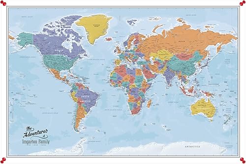 Póster personalizado en lienzo enrollado con mapa del mundo, arte de pared con chinchetas – Grande 24" x 36" mapa del mundo de océanos azules –