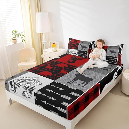 Miniatura 177 de Sábana bajera ajustable de oso de caza, juego de ropa de cama a cuadros de búfalo, sábanas de retazos de cabaña rústica para niños, niños, Multi