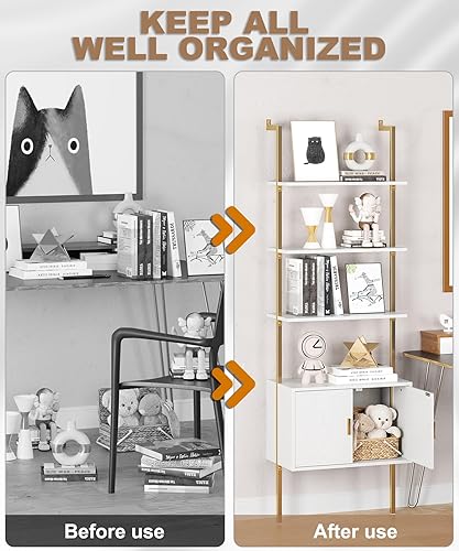 Miniatura 5 de Gadroad Estantería de escalera con gabinete, estanterías montadas en la pared, estante abierto de 5 niveles de alto, estantería industrial de metal