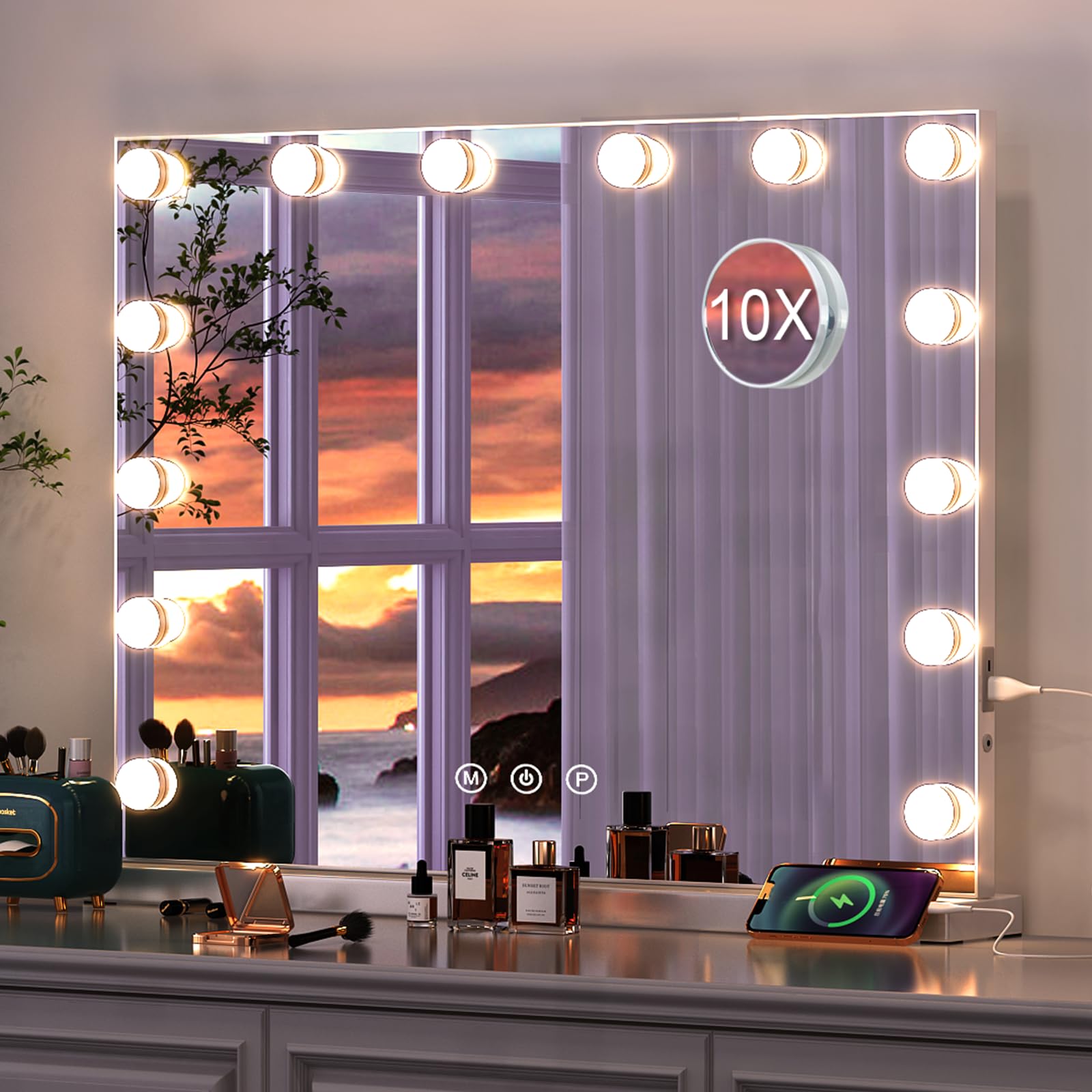 CaulitarHollywood Vanity Mirror with Lights Large Makeup Mirror 50x40cm with 10X Magnifying,USB Port,17 Dimmable Bulbs Lighted Mirror for Bedroom Tabletop/Wall Mounted, Smart Touch Sensor, White