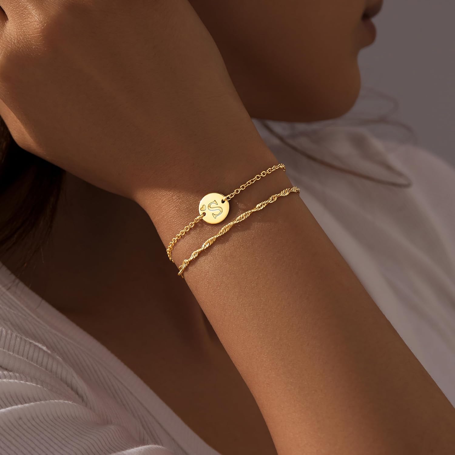 Gold Initial Heart Bracelets for Girl Women Trendy, Layered Dainty Initial Gifts Personalized Disc Letter Charm A-Z Bracelets for Teen Girl Women Jewelry Gifts - Image 2