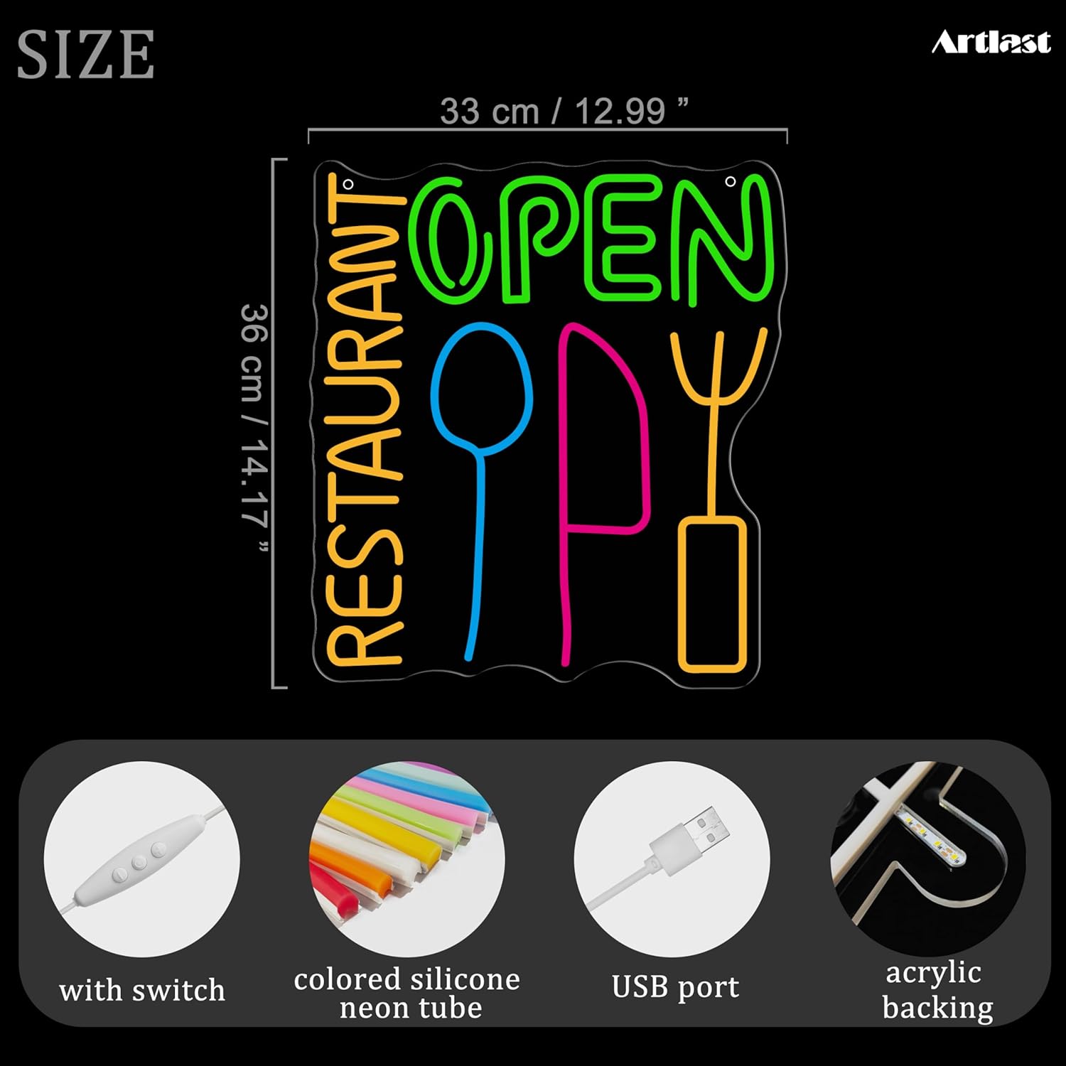 RESTAURANT OPEN Neon Sign LED Multicolour Food Sign with Utensils, USB Powered for Business, Diner, Cafe, Kitchen Decor