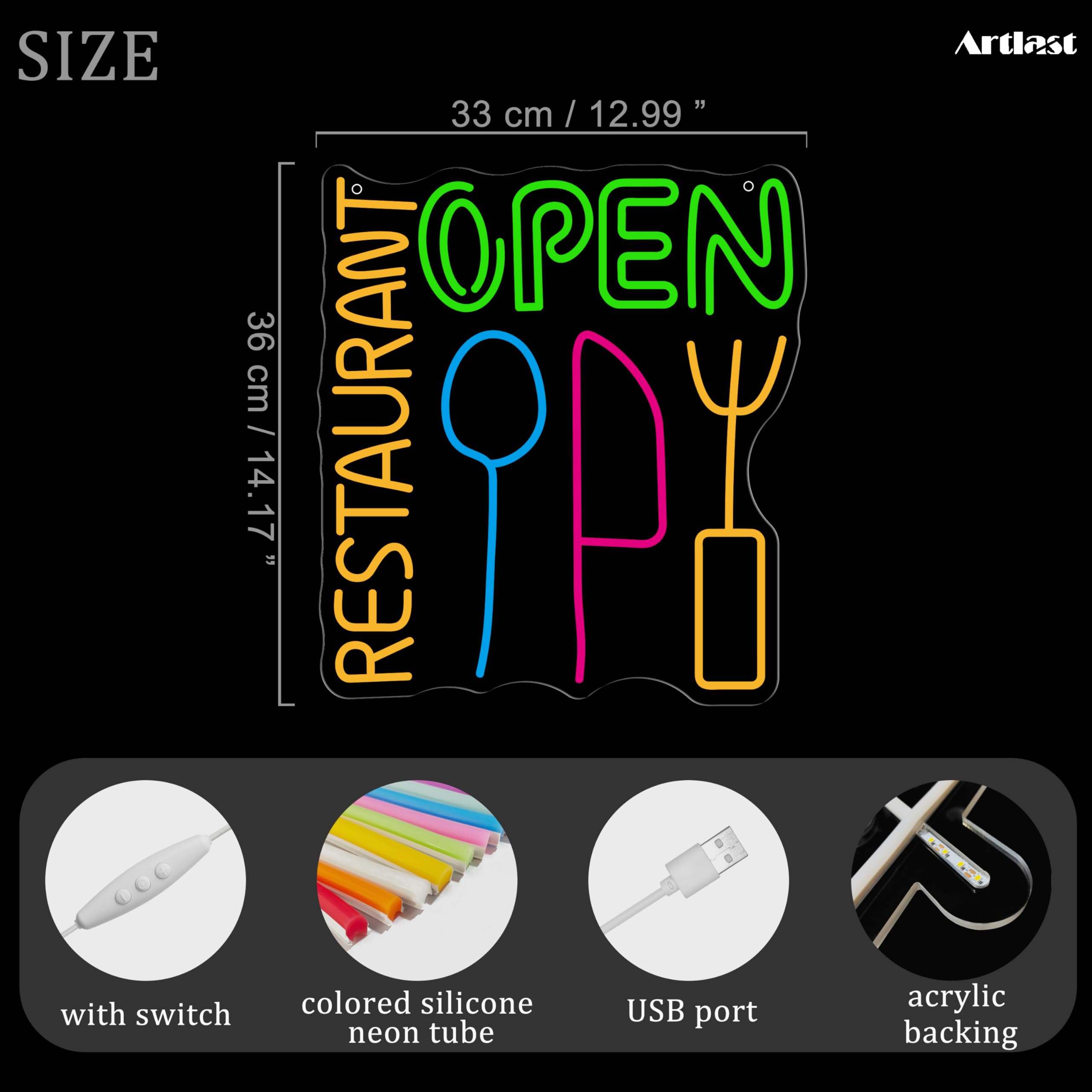 Insegna al neon multicolore con scritta "Restaurant Open", con utensili, alimentata tramite USB, per affari, sala da pranzo, bar, cucina