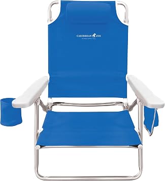 Caribbean Joe Folding Beach Chair, 5 Position Lightweight, Portable Reclining Outdoor Camping Chair with Headrest, Shoulder Strap, and Cup Holder, Blue