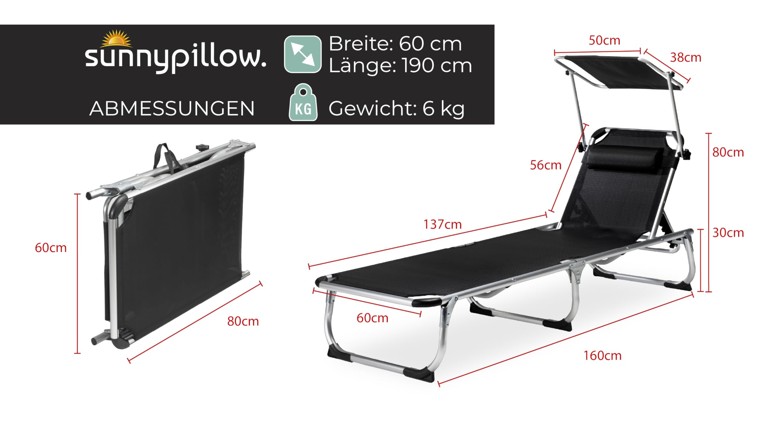 sunnypillow 2er Set Sonnenliege mit Dach, Strandliege klappbar leicht - 150 kg belastbar - Gartenliege aus Aluminium für Garten Balkon Terrassen - Liege mit 7 Fach Verstellbarer Rückenlehne - Schwarz