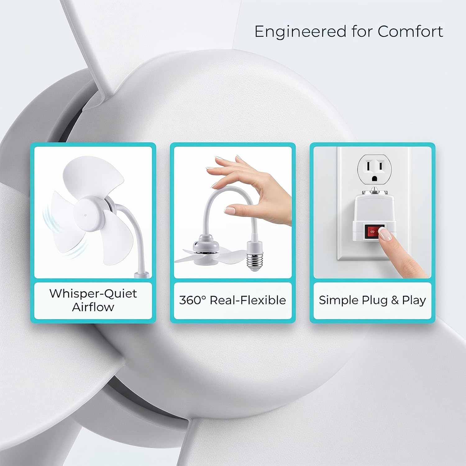 Socket Fan Kit with Plug Adapter Mini Quiet Electric Fan Flexible Gooseneck Plug in Mini Fan Light Bulb Base Adjustable Angle for Kitchen Bathroom Office Cooling (2pcs)