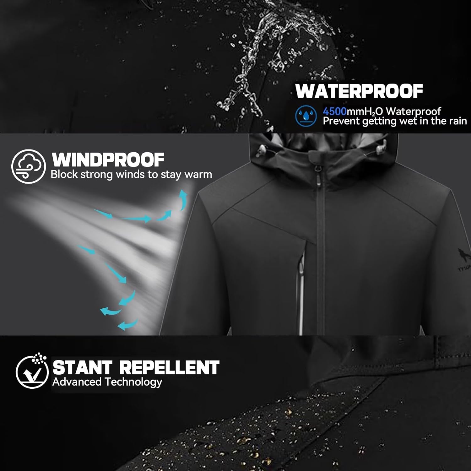 TYSON WOLF Men's Hooded Softshell Jacket Waterproof Zip Up Lightweight Windbreaker Fleece Lined Rain Shell Jacket Casual - Image 3